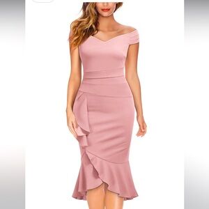 Knitee Green Off The Shoulder V Neck Pleat Waist Ruffle Slit Dress Small